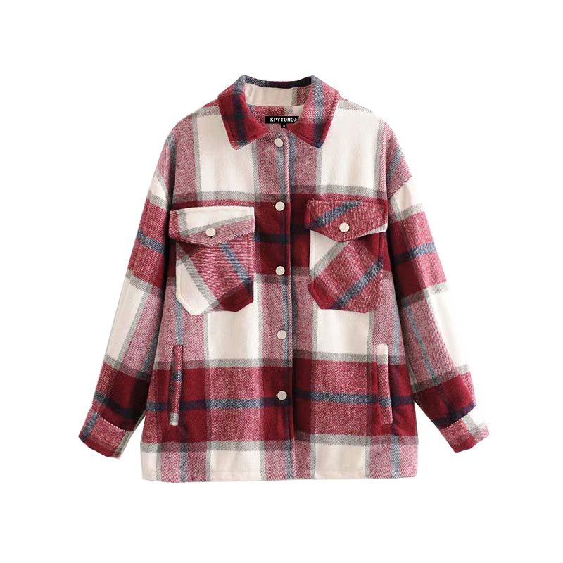 Vintage Stylish Pockets Oversized Plaid Jacket Coat Women Lapel Collar Long Sleeve Loose Outerwear Chic Tops