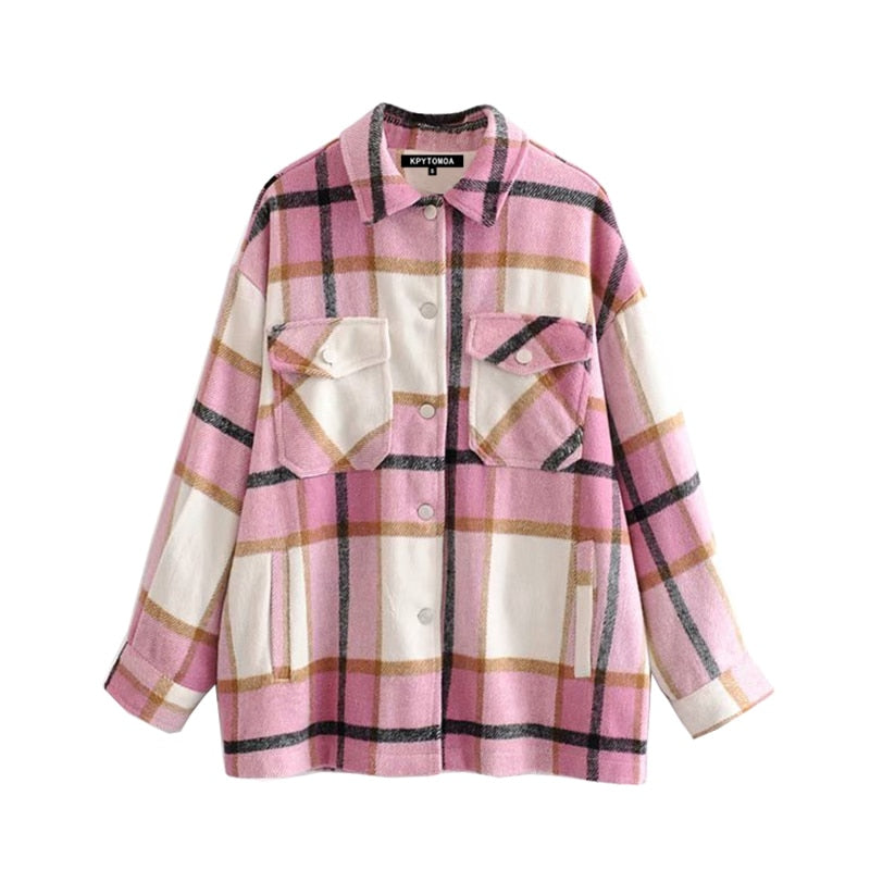 Vintage Stylish Pockets Oversized Plaid Jacket Coat Women Lapel Collar Long Sleeve Loose Outerwear Chic Tops