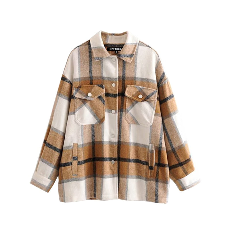 Vintage Stylish Pockets Oversized Plaid Jacket Coat Women Lapel Collar Long Sleeve Loose Outerwear Chic Tops