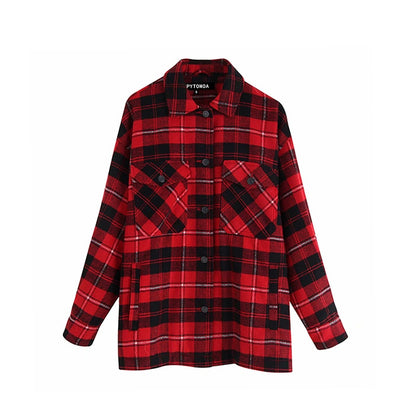 Vintage Stylish Pockets Oversized Plaid Jacket Coat Women Lapel Collar Long Sleeve Loose Outerwear Chic Tops