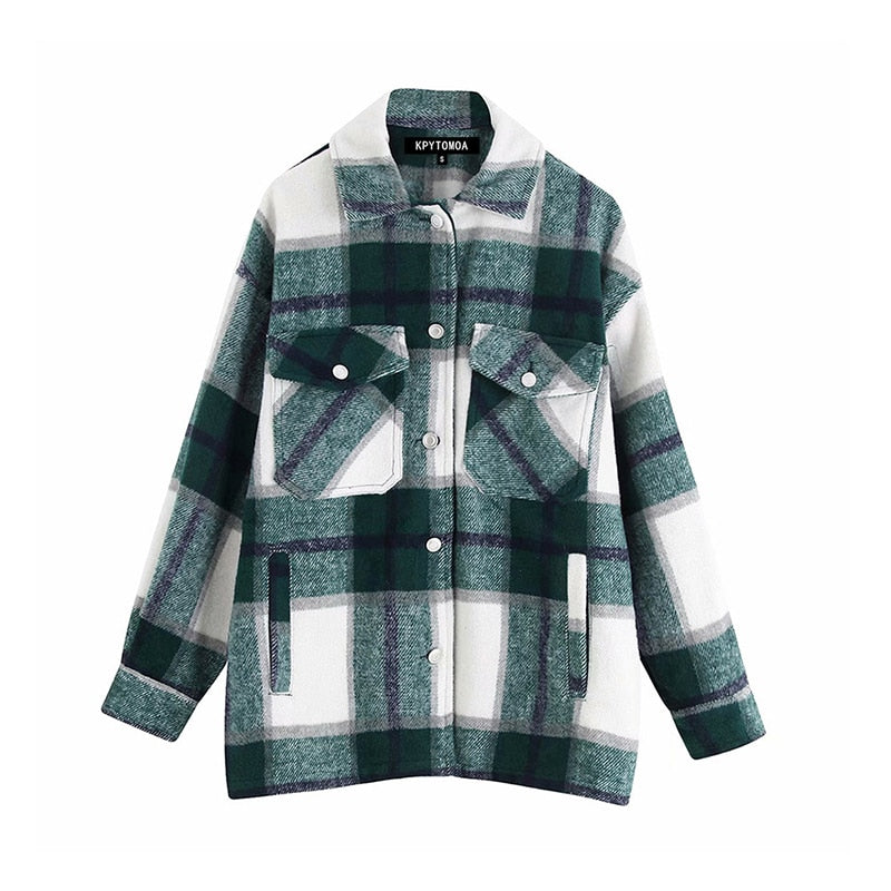 Vintage Stylish Pockets Oversized Plaid Jacket Coat Women Lapel Collar Long Sleeve Loose Outerwear Chic Tops