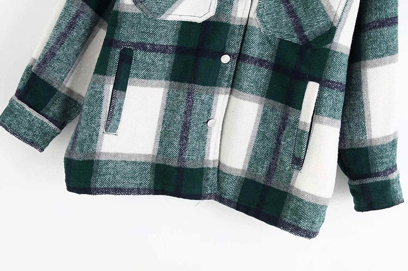 Vintage Stylish Pockets Oversized Plaid Jacket Coat Women Lapel Collar Long Sleeve Loose Outerwear Chic Tops