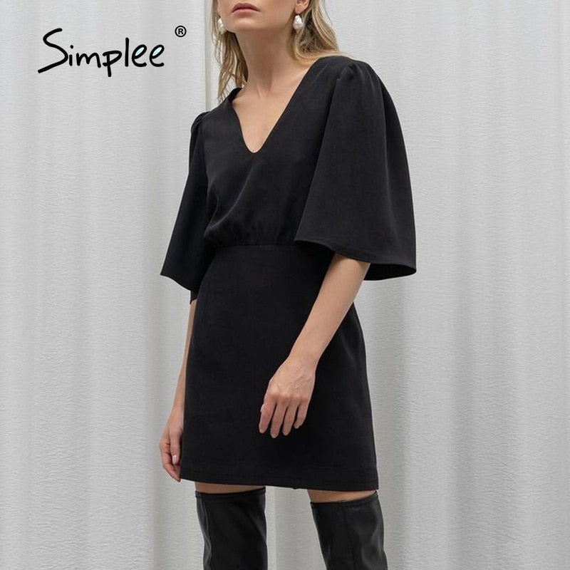 Simplee Luxury black short sleeve summer women dress Sexy V-neck solid High Street dress Elegant A-line ladies mini Vestido