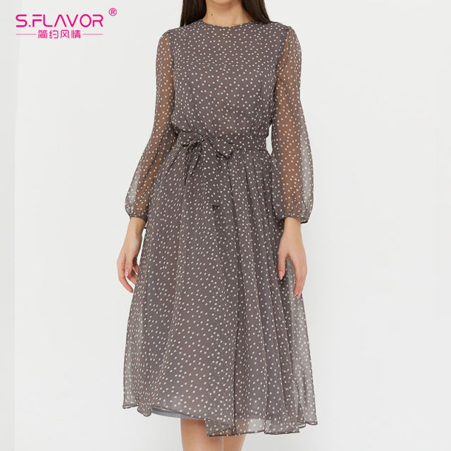 Elegant Dot Print Long Sleeve Polka Dress O Neck Chiffon A Line Women Casual Dress Vintage Midi Vestidos De