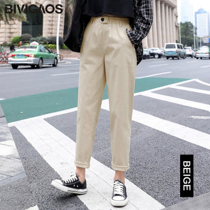 New Spring Women Clothing Straight Overalls Casual Harem Pants Korean Elastic Waist Triangle Buckle Cargo Pants Women