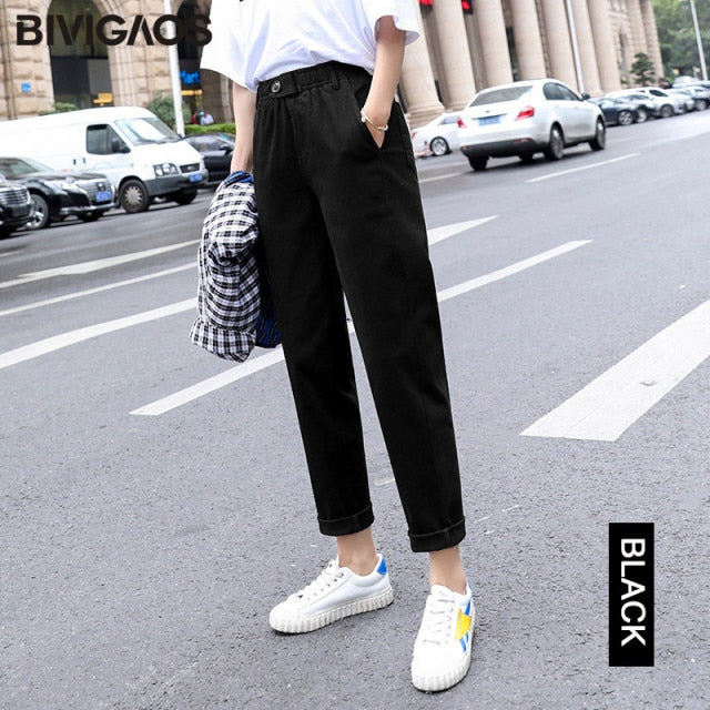 New Spring Women Clothing Straight Overalls Casual Harem Pants Korean Elastic Waist Triangle Buckle Cargo Pants Women