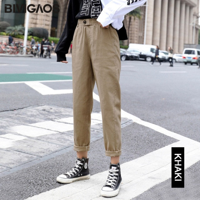 New Spring Women Clothing Straight Overalls Casual Harem Pants Korean Elastic Waist Triangle Buckle Cargo Pants Women