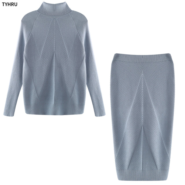 Autumn Wome's Knitting Costume Turtleneck Solid Color Pullover Sweater + Slim Skirt Two-Piece Set