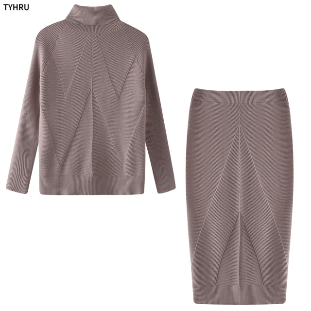 Autumn Wome's Knitting Costume Turtleneck Solid Color Pullover Sweater + Slim Skirt Two-Piece Set