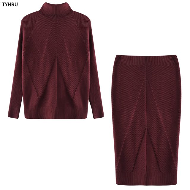 Autumn Wome's Knitting Costume Turtleneck Solid Color Pullover Sweater + Slim Skirt Two-Piece Set