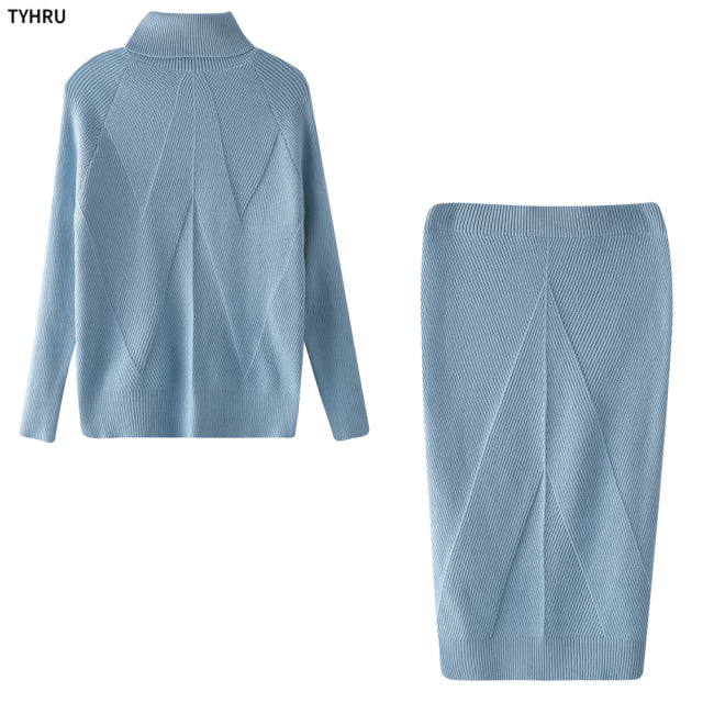 Autumn Wome's Knitting Costume Turtleneck Solid Color Pullover Sweater + Slim Skirt Two-Piece Set