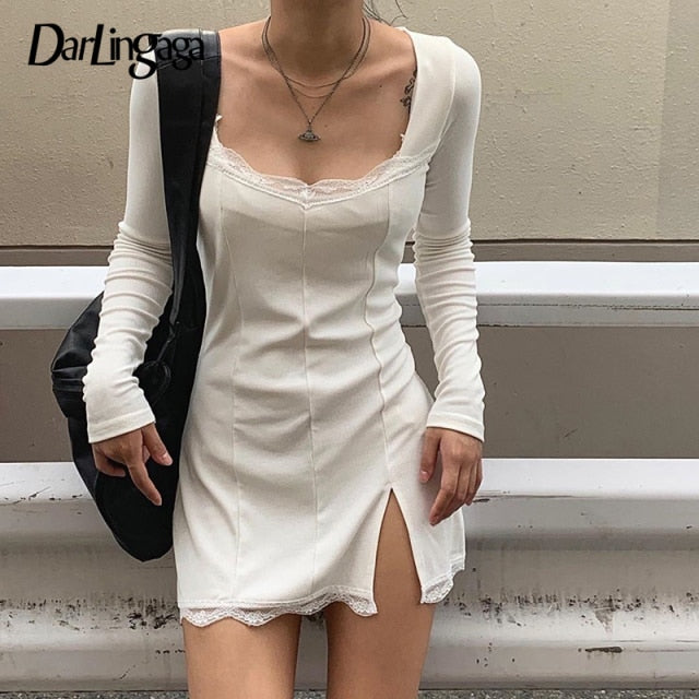 Square Neck Lace Patchwork Bodycon Black Dress Women Elegant Cotton Fashion Side Split Autumn Dress Mini Ladies Basic