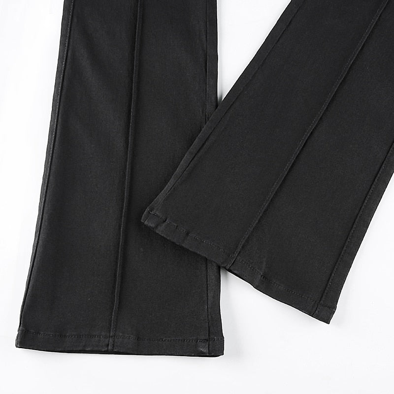 Indie Aesthetics Slim Low Waist Flare Pants E-girl Vintage Pockets Solid Y2K Pants Autumn 90s Fashion Black Trousers