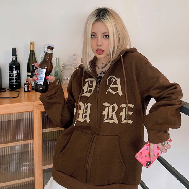 Rockmore Brown Hoodies Women'S Sweatshirts Hoodie Pocket  Jacket Harajuku Clothing Femme Autumn Hooded Zipper Top Korean