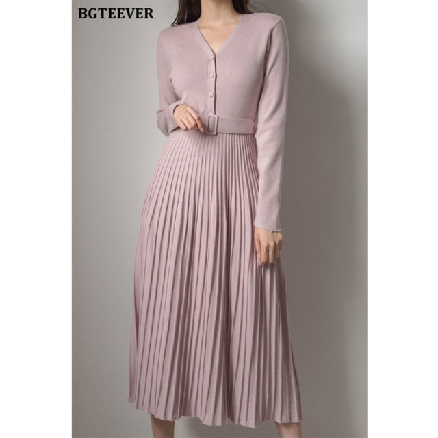 Elegant V-neck Single-breasted Women Thicken Sweater Dress Autumn Winter Knitted Belted Female A-line soft dresses