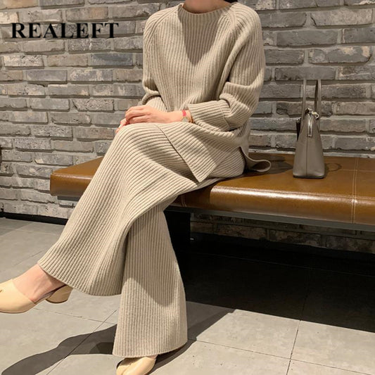 Autumn Winter 2 Pieces Women Sets Knitted Tracksuit O-Neck Split Sweater and Wide Leg Jogging Pants Pullover Suits
