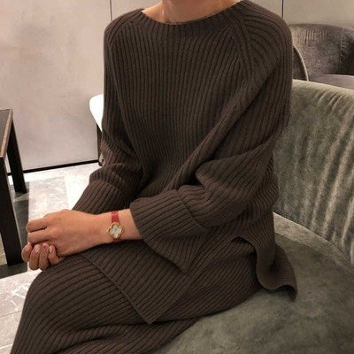 Autumn Winter 2 Pieces Women Sets Knitted Tracksuit O-Neck Split Sweater and Wide Leg Jogging Pants Pullover Suits