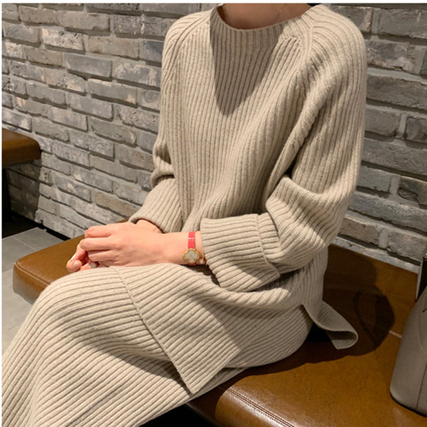 Autumn Winter 2 Pieces Women Sets Knitted Tracksuit O-Neck Split Sweater and Wide Leg Jogging Pants Pullover Suits