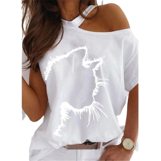 Large size Top Sexy Off Shoulder summer Tshirt Women Print Casual Summer Short Sleeve O-neck Pullovers Tops Fashion Street Tee