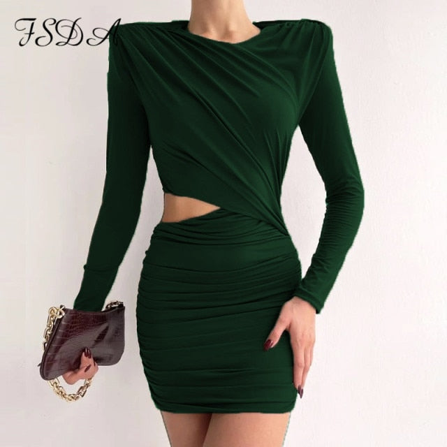 Hollow Out Bodycon Dress Mini Women Brown Autumn Winter Sexy O Neck Long Sleeve Elegant Party Dresses Black Club