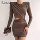Hollow Out Bodycon Dress Mini Women Brown Autumn Winter Sexy O Neck Long Sleeve Elegant Party Dresses Black Club