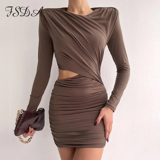 Hollow Out Bodycon Dress Mini Women Brown Autumn Winter Sexy O Neck Long Sleeve Elegant Party Dresses Black Club