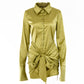 Fashion Long Sleeve Bandage Satin Mini Dresses Women's Autumn Turn Down Collar Sexy Party Dress Femme Evening Clothes