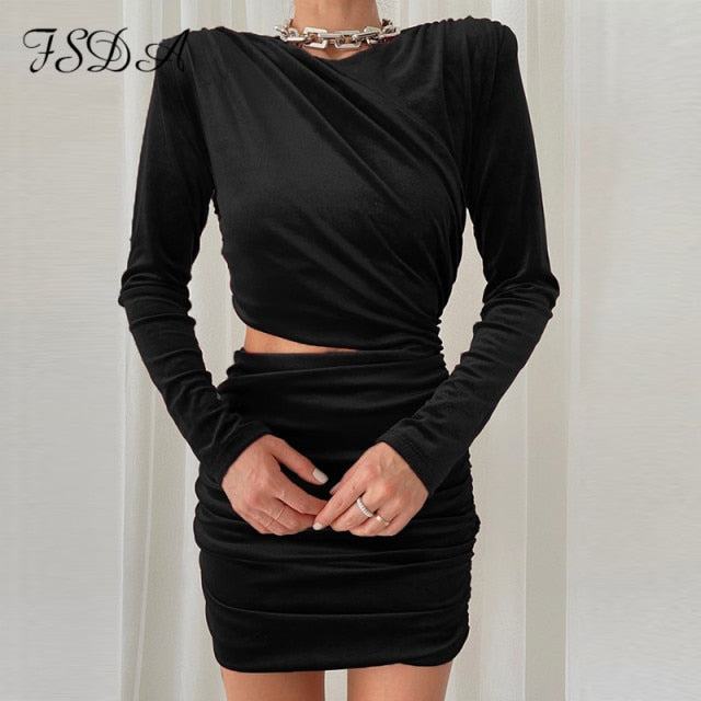 Hollow Out Bodycon Dress Mini Women Brown Autumn Winter Sexy O Neck Long Sleeve Elegant Party Dresses Black Club