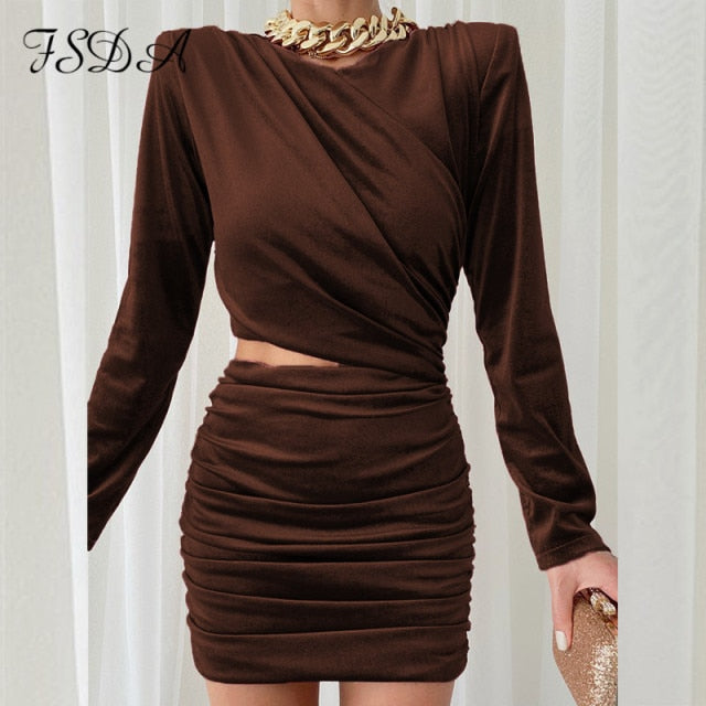 Hollow Out Bodycon Dress Mini Women Brown Autumn Winter Sexy O Neck Long Sleeve Elegant Party Dresses Black Club