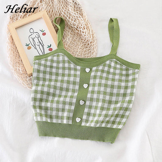 Women Plaid Crop Tops Buttons Camis Knitting Cute Tank Tops Ladies Sleeveless Solid Crop Tops Women Summer