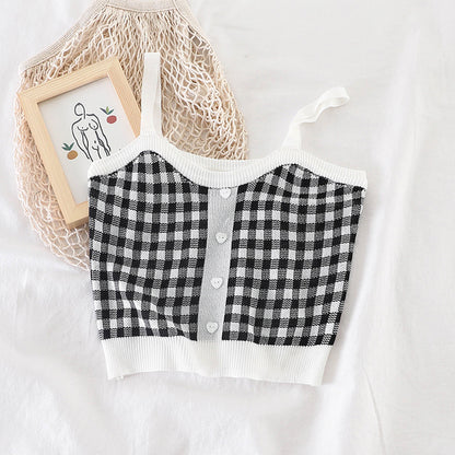 Women Plaid Crop Tops Buttons Camis Knitting Cute Tank Tops Ladies Sleeveless Solid Crop Tops Women Summer