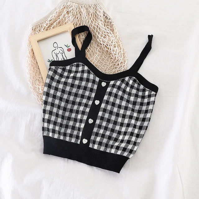 Women Plaid Crop Tops Buttons Camis Knitting Cute Tank Tops Ladies Sleeveless Solid Crop Tops Women Summer