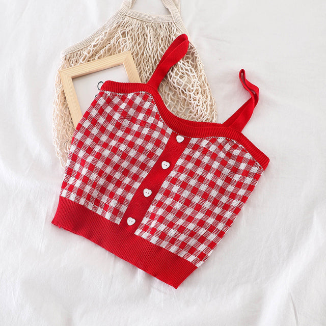 Women Plaid Crop Tops Buttons Camis Knitting Cute Tank Tops Ladies Sleeveless Solid Crop Tops Women Summer