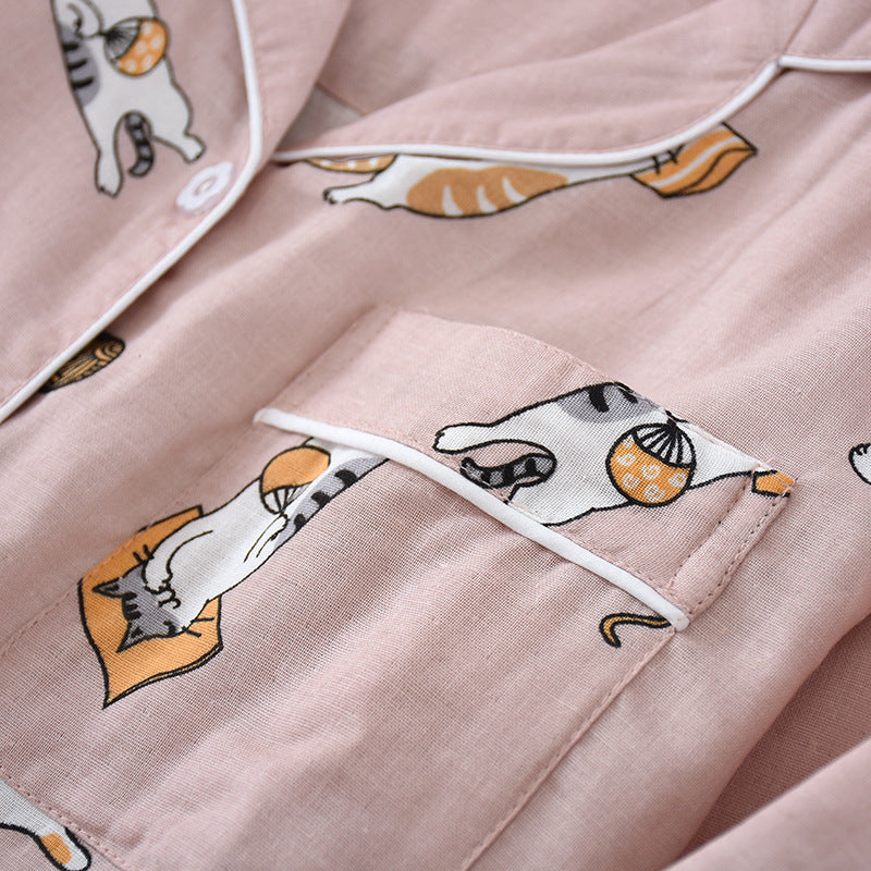 Ladies Pajamas Set 100% Gauze Cotton Cartoon Dog Printed Pyjamas Women 2Pcs Turn-down Neck Shirt+Pants Comfort Nature Sleepwear