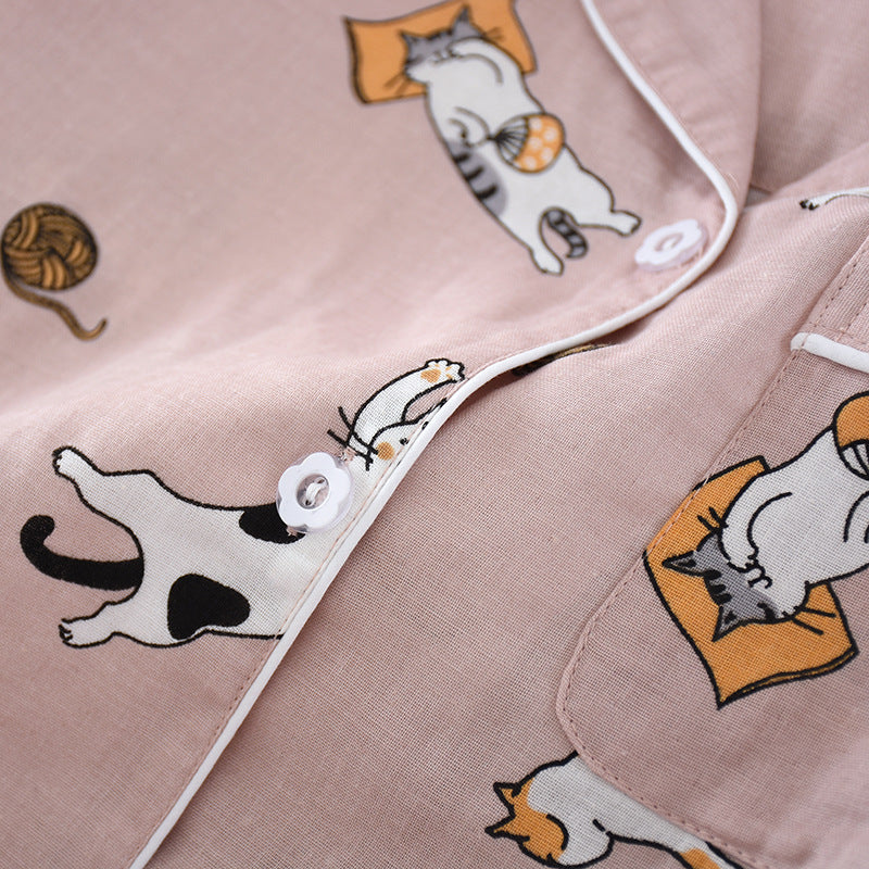 Ladies Pajamas Set 100% Gauze Cotton Cartoon Dog Printed Pyjamas Women 2Pcs Turn-down Neck Shirt+Pants Comfort Nature Sleepwear