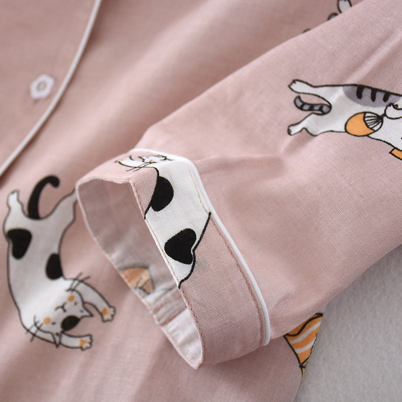 Ladies Pajamas Set 100% Gauze Cotton Cartoon Dog Printed Pyjamas Women 2Pcs Turn-down Neck Shirt+Pants Comfort Nature Sleepwear