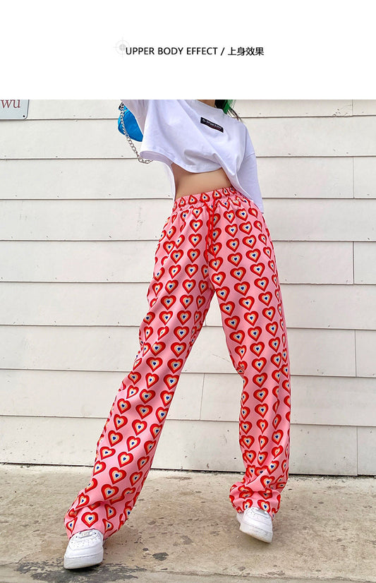 Missnight Pink Pants Heart Printed Straight Elastic High Waist Pants Drawstring Fashion Pants Streetwear Vintage 2021 Harajuku