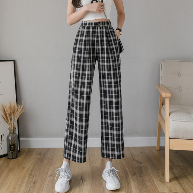 Syiwidii Vintage Plaid Pants Women High Waist Plus Size Wide Leg Casual Female Trousers 2021 Fashion Joggers Clothes Streetwear