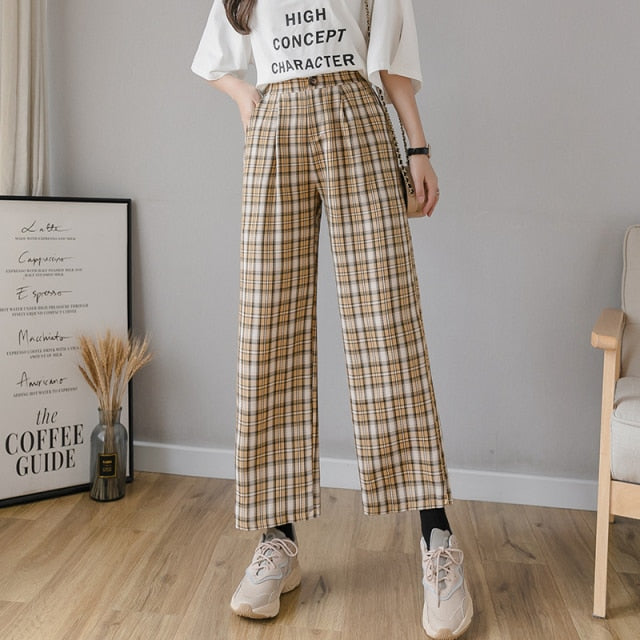 Syiwidii Vintage Plaid Pants Women High Waist Plus Size Wide Leg Casual Female Trousers 2021 Fashion Joggers Clothes Streetwear