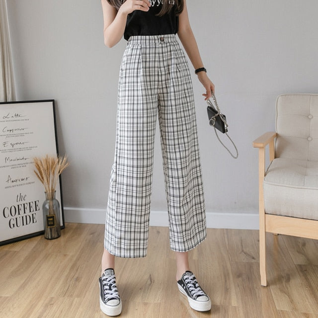 Syiwidii Vintage Plaid Pants Women High Waist Plus Size Wide Leg Casual Female Trousers 2021 Fashion Joggers Clothes Streetwear