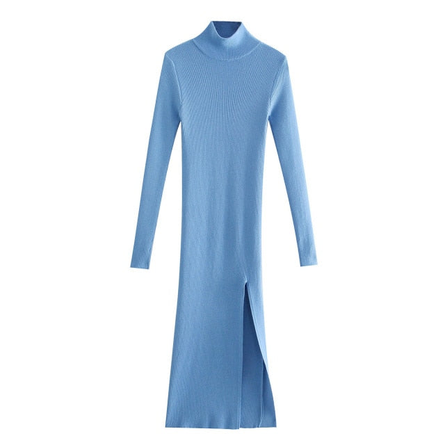 Dress Women Long Sleeves High-Neck Elastic Midi Dress Fashion Elegant Chic Lady Knit Sweater Dresses Women robe femme