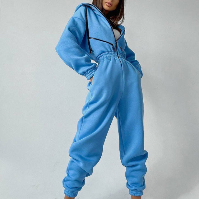 Casual Women Basic Hoodie Two Piece Sets Zipper Drawstring Jacket Outerwear And Elastic Pencil Pant Suit Autumn Winter Tracksuit