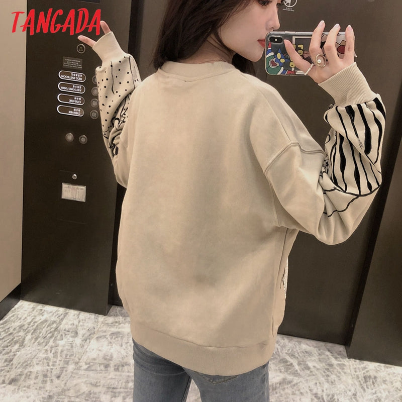 Women Charater Print Gray Sweatshirts Oversize Long Sleeve O Neck Loose Pullovers Female Tops 4H1