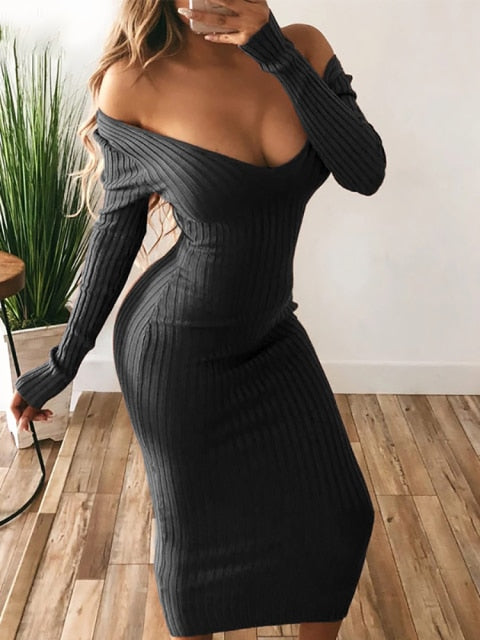 Winter Sexy Bodycon Midi Woman Dress Knitted Long Sleeve V Neck Party Elegant Robe Women's Dresses