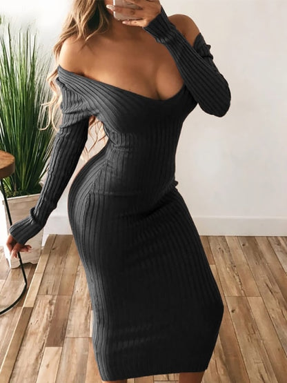 Winter Sexy Bodycon Midi Woman Dress Knitted Long Sleeve V Neck Party Elegant Robe Women's Dresses