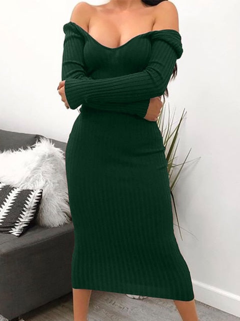 Winter Sexy Bodycon Midi Woman Dress Knitted Long Sleeve V Neck Party Elegant Robe Women's Dresses