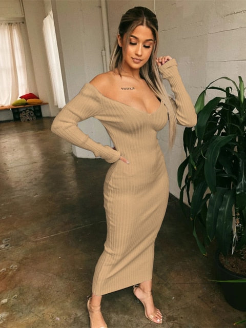 Winter Sexy Bodycon Midi Woman Dress Knitted Long Sleeve V Neck Party Elegant Robe Women's Dresses