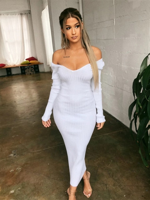 Winter Sexy Bodycon Midi Woman Dress Knitted Long Sleeve V Neck Party Elegant Robe Women's Dresses