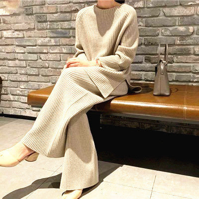 Autumn Winter 2 Pieces Women Sets Knitted Tracksuit O-Neck Split Sweater and Wide Leg Jogging Pants Pullover Suits