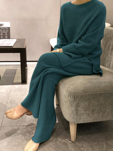 Autumn Winter 2 Pieces Women Sets Knitted Tracksuit O-Neck Split Sweater and Wide Leg Jogging Pants Pullover Suits